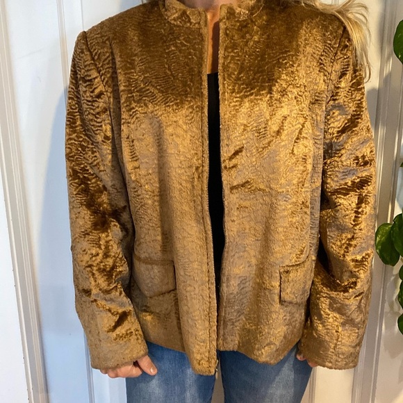 Oscar By Oscar De La Renta Womens Crushed Velvet Jacket Blazer Gold  Camel Sz 16 - Picture 16 of 17